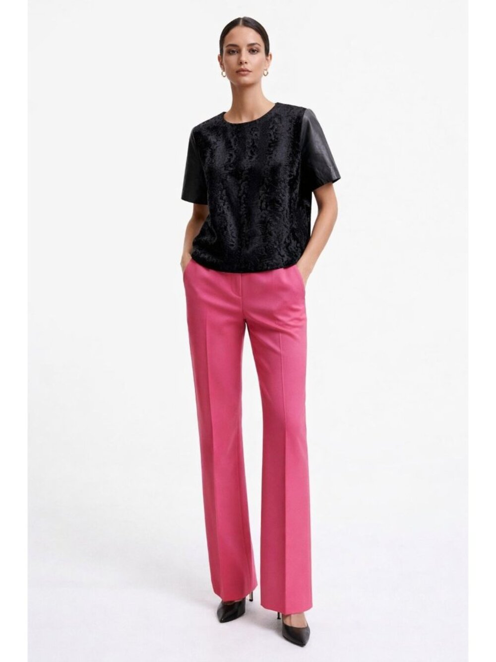 NWOT G Giuliana Black Faux Leather Velvet Top Women 12 Minimalist City Classic